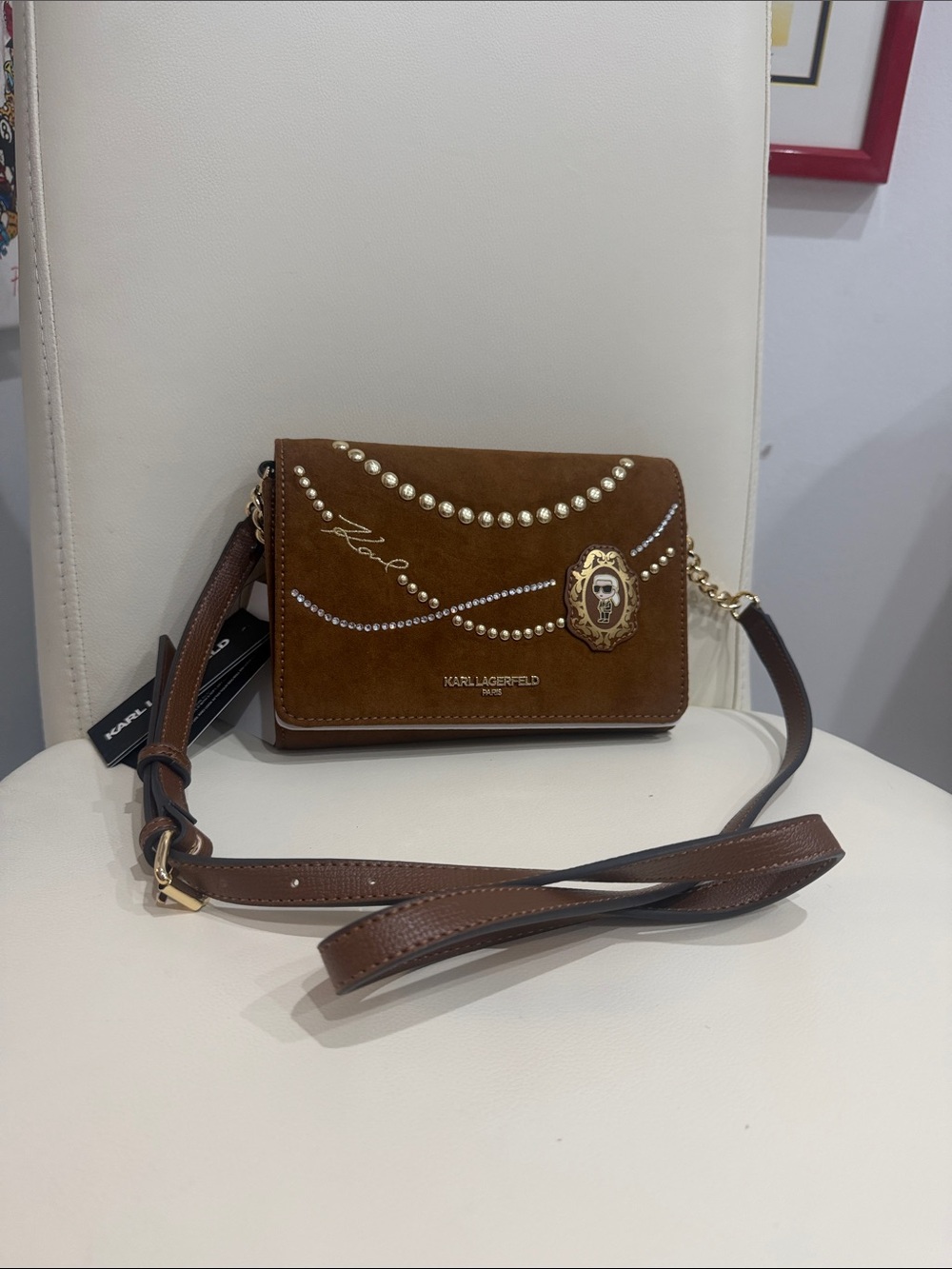 Karl Lagerfeld Brown /Gold Embellished Suede Crossbody Bag